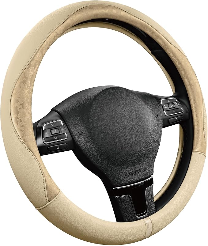 Steering Wheel Cover, Gold Patterned Leather Patchwork Design, Universal Fit 14.5"–15.5", Anti-Slip, Odor-Free, Soft PU Grain Leather, Durable Grip Car Accessory for Girls & Women