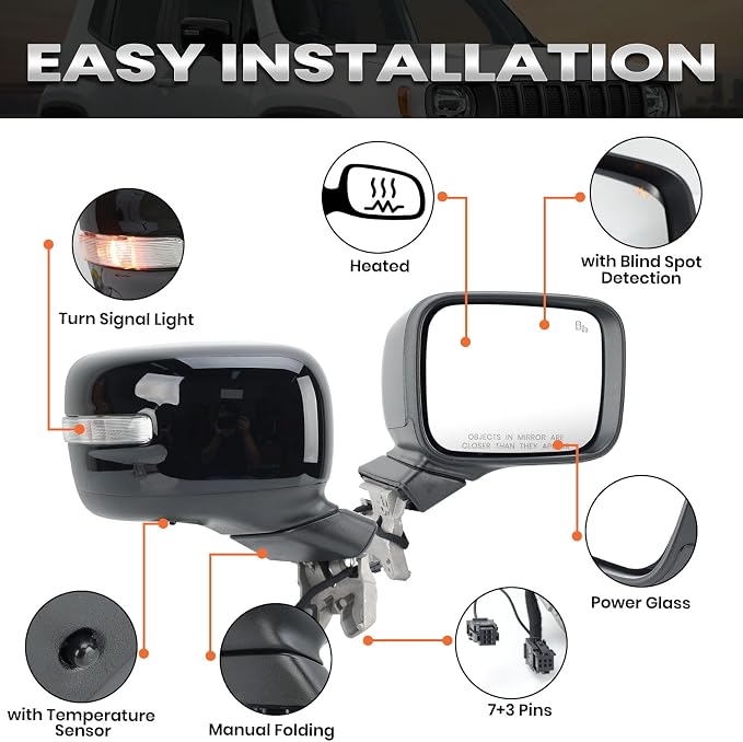 Passenger Side Mirror Compatible with Jeep Renegade 2015-2023 with Temperature Sensor Power Glass Heated with Turn Signal Blind Spot Manual Folding Bright Black Right Door Mirrors (7＋3 Pins)