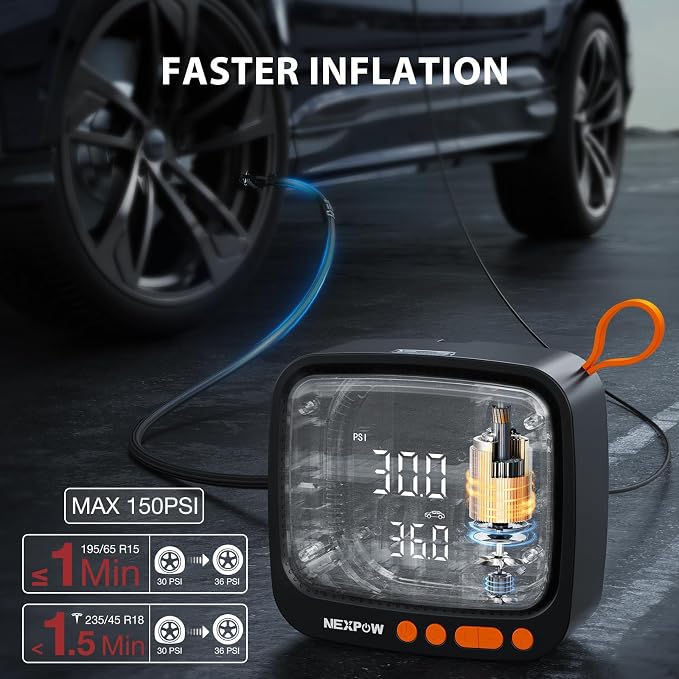 Tire Inflator Portable Air Compressor, 150PSI 12V DC Air Pump with Dual Digital Pressure Gauge & Auto Shut-Off, Air Compressor Portable with LED Light for Car, Motorcycle, Bicycle, Ball, Orange