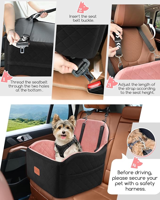 Dog Booster Car Seat for Small/Medium Dogs,Puppy Portable Car Bed with Elevated Cushion,Fully Detachable and Washable,2 Storage Pockets,Easy to Install (Black/Pink, Medium)