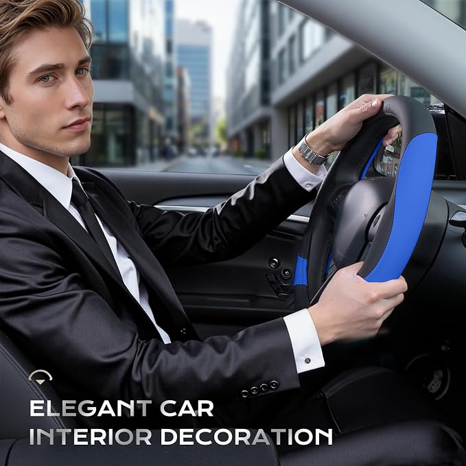 Coverado Car Steering Wheel Cover, Nappa Leather Black & Blue Steering Wheel Covers for Women, Universal 14-15 inch, Anti-Slip, Breathable Steering Wheel Protector