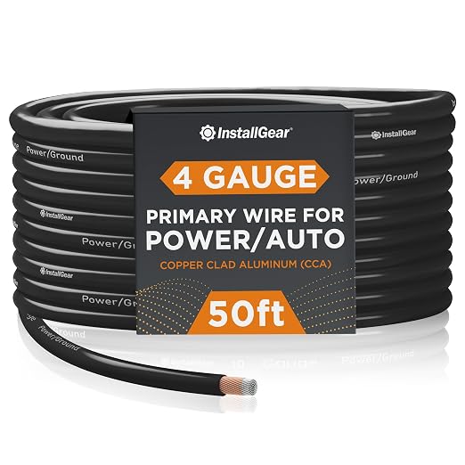 4 Gauge Copper Clad Aluminum Wire - 50 Ft 4GA Power Ground Cable for Car Audio, Battery, RV, Trailer and Automotive Wiring - Flexible Car Amplifier - Black