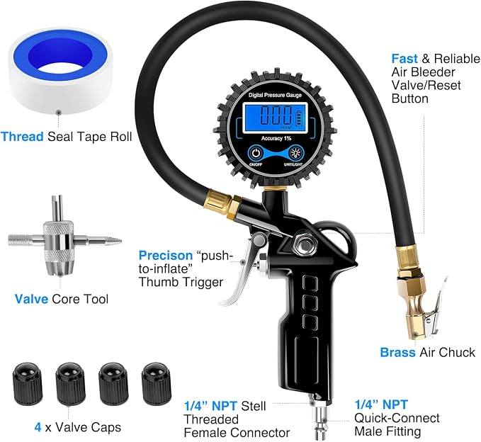 50026R Digital Tire Inflator Pressure Gauge,250 PSI Air Chuck and Compressor Accessories Heavy Duty with Rubber Hose Quick Connect Coupler for 0.1 Display Resolution