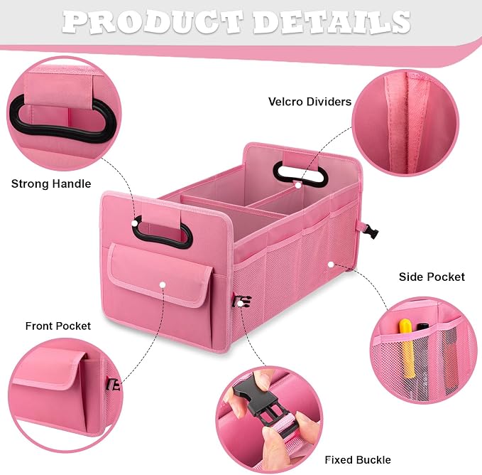 Car Trunk Organizer, Car Organizers and Storage Collapsible Multi Compartment Container Box, Adjustable Car Accessories for SUV Sedan Truck, Large Size, Pink