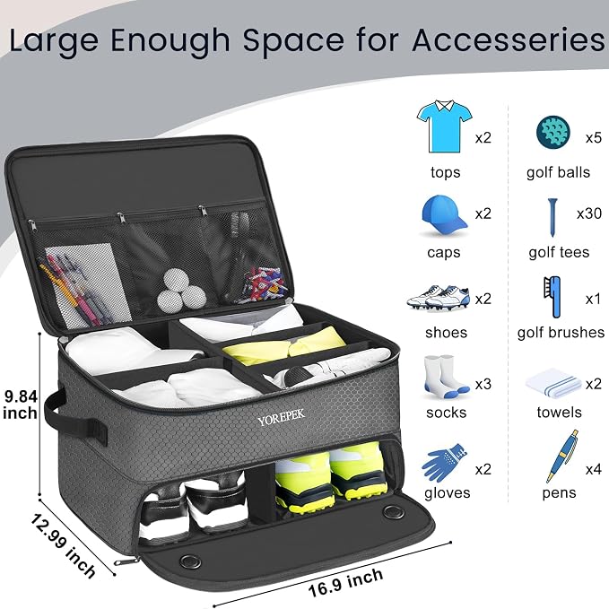 2 Layer Golf Trunk Organizer, Golf Gifts for Men with Separate Ventilated Compartment for 2 Pair Shoes, Waterproof Car Trunk Locker for Balls, Tees, Clothes, Gloves, Gifts for Golfers