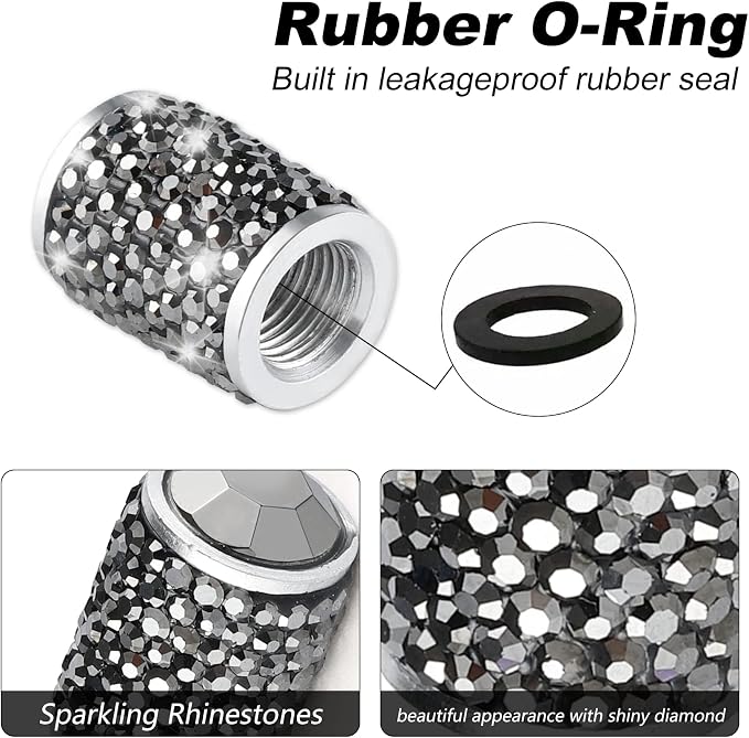 Car Wheel Tire Valve Caps, 4 PCS Bling Tire Valve Caps, Crystal Tire Caps Shinny Rhinestone for Women, Universal Car Dustproof Tire Valve Caps for Cars, Trucks, SUV and Motorcycles (Gray)