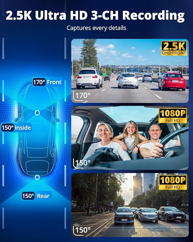 3 Channel 5G WiFi Dash Cam with 64GB Card, 2.5K/1080P Front and Rear Inside Dashcam, 2.5K/1080P/1080P Three Way Dash Camera for Cars Auto IR Night Vision, Loop Recording, APP Control(O3PRO)
