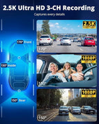 3 Channel 5G WiFi Dash Cam with 64GB Card, 2.5K/1080P Front and Rear Inside Dashcam, 2.5K/1080P/1080P Three Way Dash Camera for Cars Auto IR Night Vision, Loop Recording, APP Control(O3PRO)