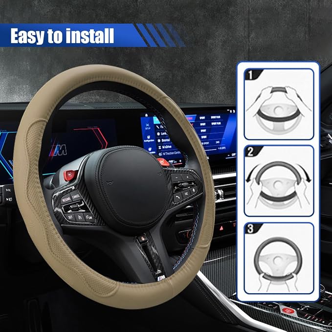 15 Inch Leather Car Steering Wheel Cover for SUV, Truck, Beige | Anti-Slip Breathable Automotive Steering Wheel Protector, Universal Heat Resistant Vehicle Interior Accessories