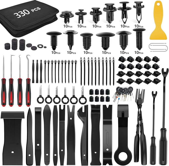 330Pcs Trim Removal Tool, Auto Push Pin Bumper Retainer Clip Set Fastener Terminal Remover Tool Adhesive Cable Clips Kit Car Panel Radio Removal Auto Clip Pliers, Black
