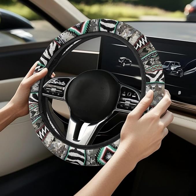 Auto Steering Wheel Cover for Women Men, Universal 15 Inch Soft Elastic Steering Wheel Wrap Anti-Slip Easy to Install Car Accessories, Aztec Camo Zebra Print