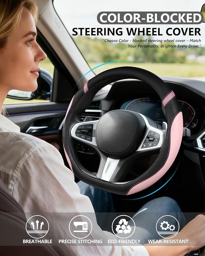 D-Shaped Flat Bottom Steering Wheel Cover for Women Girl - Stylish Car Accessory Non-Slip Car Interior Accessories (Pink)