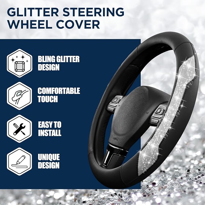 Steering Wheel Cover, Silver Sparkly Crystal Bling Glitter with Leather, Universal Fit 14.5"-15.5" Car Steering Wheels for Girls & Women, Anti-Slip Wheels Cover for Cars, Trucks, Van, SUVs