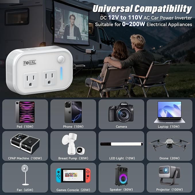 200W Car Power Inverter, 12V DC to 110V AC Car Inverte with 4 USB Ports Car Outlet Adapter, Power Inverter for Vehicles, Car Plug Adapter Outlet for Laptop Computer Charger (White)