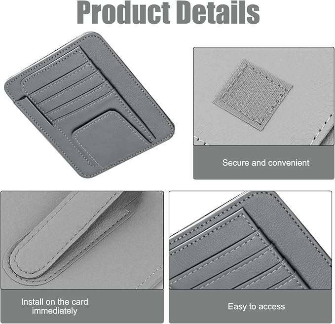Car Sun Visor Organizer, Multi-Pocket Leather Auto Visor Storage Bag with Clip-on Design, Car Interior Organizer for Cards, License, Sunglasses and Pens, Universal for Most Cars (Gray)