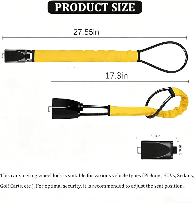 Car Steering Wheel Lock, Reliable Club Steering Wheel Lock Anti-Theft Device with 3 Keys, Max 17 Inch Length, Fits Most Vehicles, Trucks, SUVs, Vans, Golf Car Security Device - Yellow