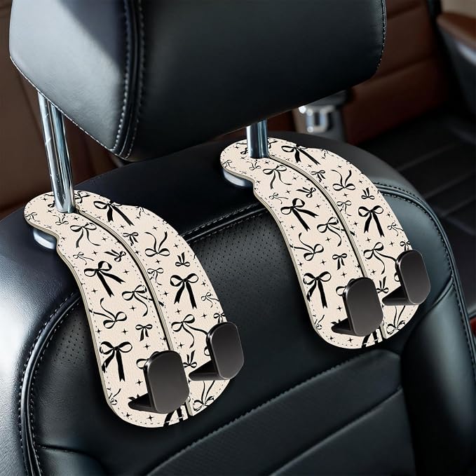 2PCS Car Hooks for Purses Bags, Cute Black Ribbon Bow Seat Back Storage Headrest Holder Hanger PU Leather Double Metal Backseat Organizer, Women Car Accessories Organization