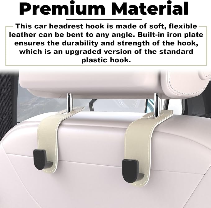 2 Pcs Seat Headrest Hook for Car, Seat Back Hanger Holder Hooks, Hanger Storage Organizer for Purse Bags Coat, Car Interior Accessories Leather Hidden Hook
