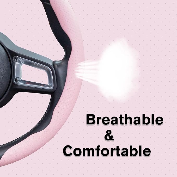 Car Nappa Leather Steering Wheel Cover, Segmented Steering Wheel Protector, Universal 99% Car Wheel Cover Protector (Pink)
