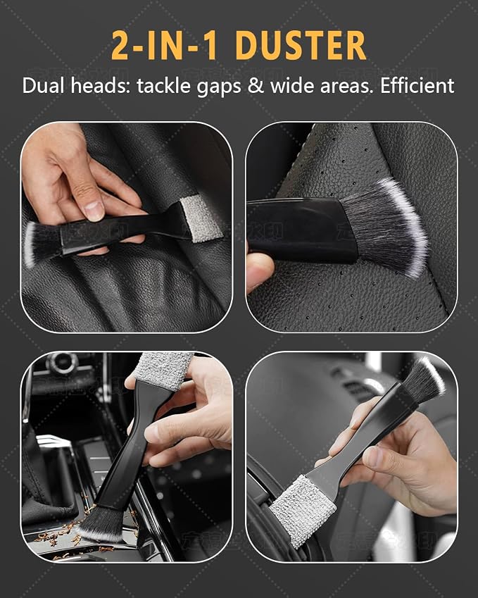 3PCS Car Interior Detailing Kit Soft Scratch-Free Dual Head Brush Set | Trilobal Bristle & Curved Design,Dashboard Vent Crevice Tool,Auto & Household Multi-Vehicle Gift Kit
