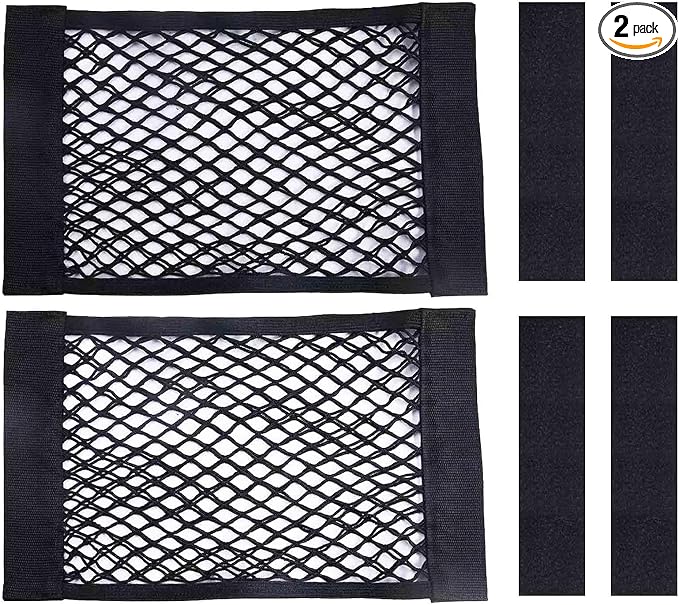 2PCS Universal Car Cargo Net with Adhesive Tape, 9.8×15.7in Trunk Storage Mesh Pocket Wall Mount Organizer Bag for Car RV SUV Boat Truck Camper Van Trailer (Black)