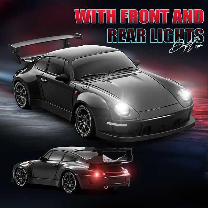 RC Drift Car, 1:24 Remote Control Car for Kids, 20KM/H 4WD High Speed RC Cars with Lights, Extra Racing Tires, Vehicle for Adults Boys Girls, Black
