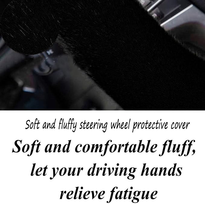 Fluffy Steering Wheel Cover for Women Fuzzy Steering Wheel Cover Winter Warm Faux Wool Plush Car Wheel Cover Furry Steering Wheel Protector Universal Fit 15 Inch (Black)