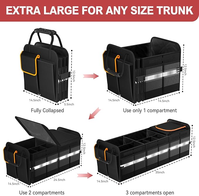 XL Heavy-Duty Trunk Organizer – Reinforced SUV & Truck Cargo Storage with 6 Adjustable Compartments, Trunk Organizer with Cooler, Collapsible Large Trunk Organizer for Car with Cover