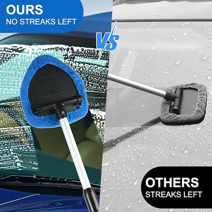 6 Pcs Windshield Cleaning Tool, Car Window Cleaner Kit with 5 Reusable Microfiber Pads, 1 Spray Bottles, Extendable Long Handle, Auto Inside Glass Wiper Kit for Vehicles(Blue)