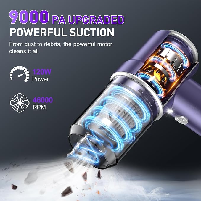 Handheld Car Vacuum Cleaner, 9000PA Vacuum Cleaner & Air Duster, 120W High Power Vacuum Portable Cordless, Hand Held Vacuum Rechargeable with Multi-Nozzles & LED Light for Home, Car, Office