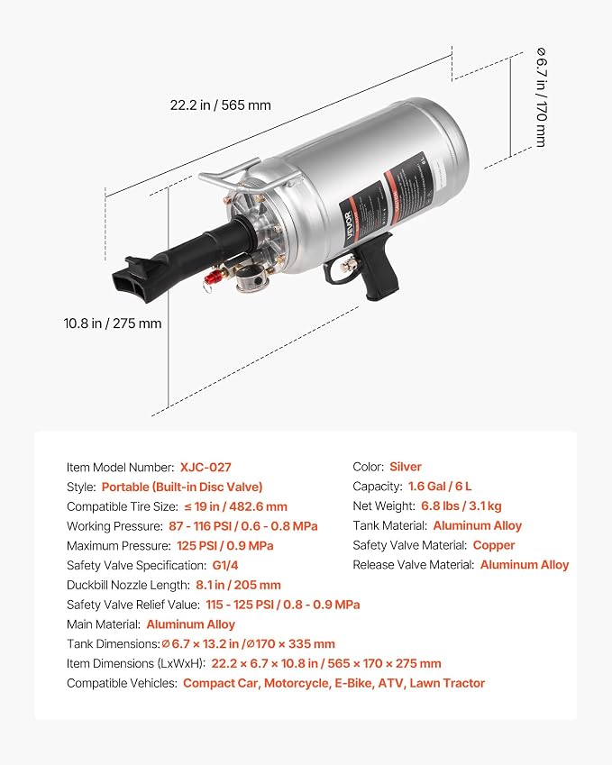 Portable Tire Bead Seater, 1.6 Gal / 6 L Air Bead Blaster, Handheld Tire Inflator Tool, 87-116 PSI Operating Pressure, Trigger Seating Inflator for Car, Compact SUV, Light Truck, E-Bike, RV, ATV