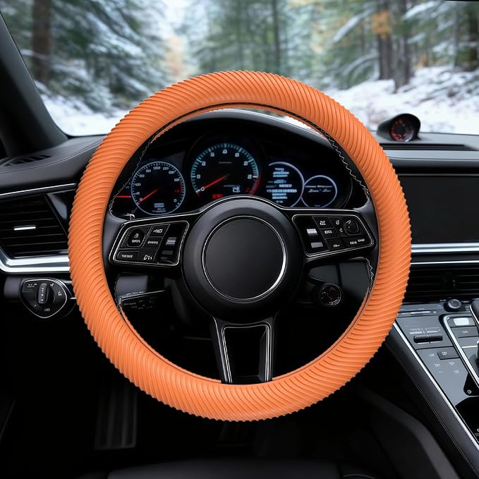 Car Steering Wheel Cover, Thin Anti-Skid Silicone Steering Wheel Cover for Men & Women, Universal Automotive Interior Accessories for Most Cars (Dark Orange)