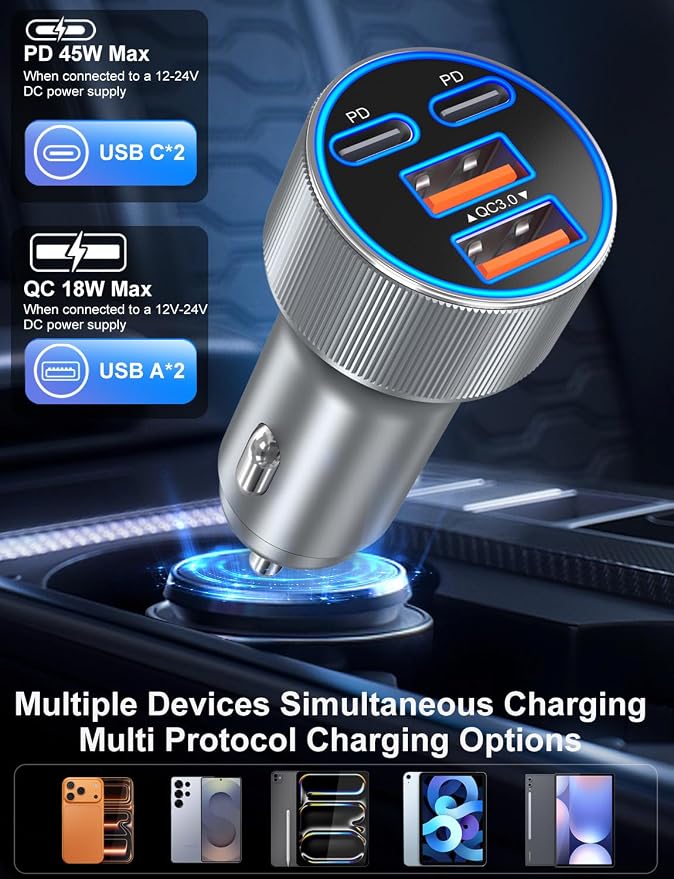 90W Car Charger USB C, Dual 45W Super Fast Charging Car Phone Charger | Multi Port QC/PD 3.0, Cigarette Lighter USB Charger, 12V-24V USB Outlet Adapter Plug for iPhone 17 16 15 14 Samsung Android