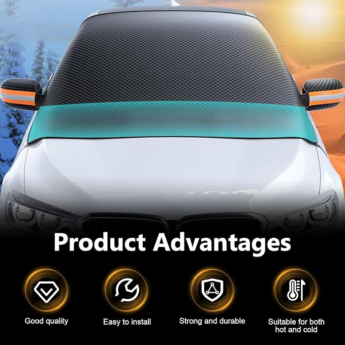 Car Windshield Sun Shade, Thickened Windshield Snow and Sun Cover with Side Window & Rearview Mirror Protector, Scratch-Resistant Aluminum Foil Sun Shade with Anti-Theft Straps (Black)