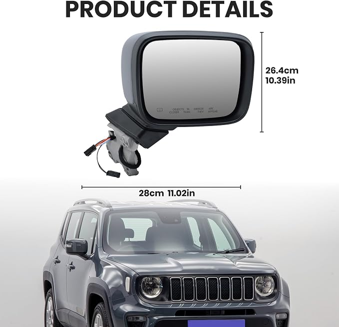 Right Passenger Side Mirror Compatible with Jeep Renegade 2015 2016 2017 2018 2019 2020 2021 2022 2023 Door Mirrors Power Heated with Signal Light Temperature Sensor Prime Paintable (7+2 pins)