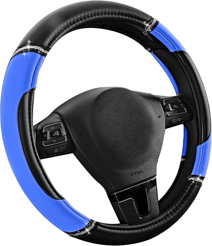 Leather Steering Wheel Cover - Made with PVC Leather - Anti-Slip, Universal Fit 14 1/2 inches to 15 inches - Blue