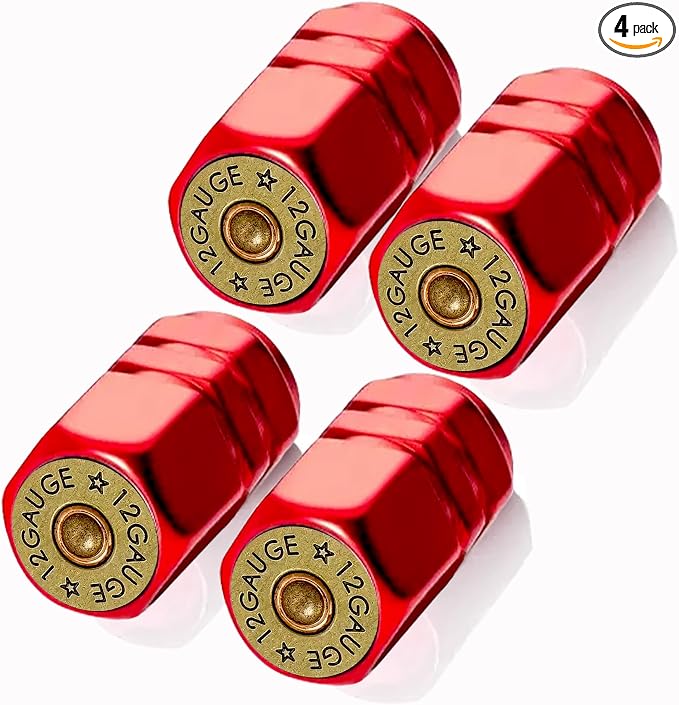 4Pack Red 12 Gauge Tire Valve Stem Cap Bullet Car Accessories Aluminum Alloy Rust-Proof Universal Dust Covers Tire Air Cap for Car,Truck,SUV,Bike,Motorcycle Tires,Cool Bullet Gifts for Men Women