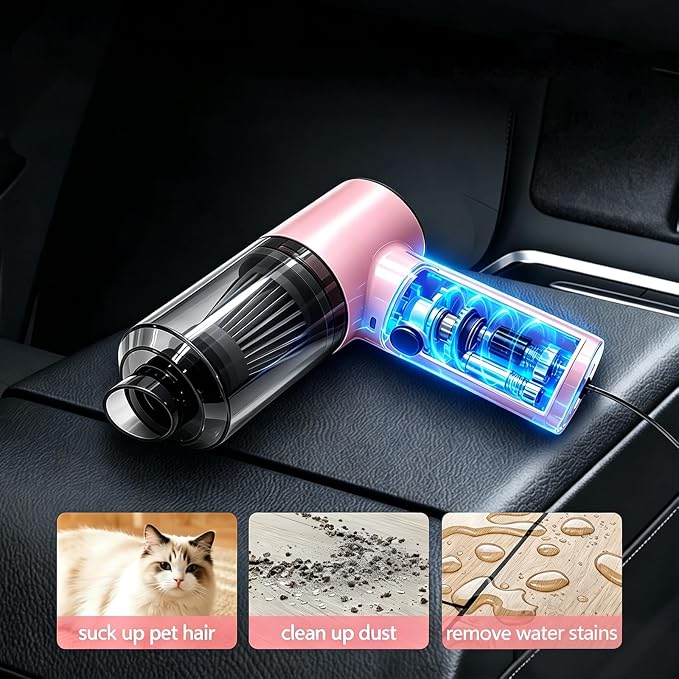 High Powerful Car Vacuum Cleaner - Powerful Suction Portable Handheld Vacuum with Washable Filter, Low Noise, 12V Auto Accessories Kit for Interior Detailing - Pink
