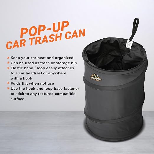 Car Trash Can, 3.3 Gallon Pop-Up Garbage Bin, Waterproof, Loop for Hanging, Velcro Base, Washable, Metal Frame, Portable Collapsible Design for Easy Storage, 12” Inch High x 9” Inch Wide