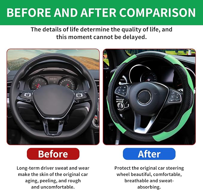 Car Steering Wheel Cover 15 inch, Microfiber PU Leather Elastic Steering Wheel Protector, Anti-Slip Breathable Car Interior Accessories for Most Cars (Green)