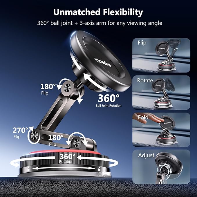 for MagSafe Car Mount [3-Axis] Nano Adhesive Gel + Strong Suction Cup Magnetic Phone Holder for Dashboard & Windshield, 360° Adjustable for iPhone 17 16 15 14 13 12, Samsung, Matte Black