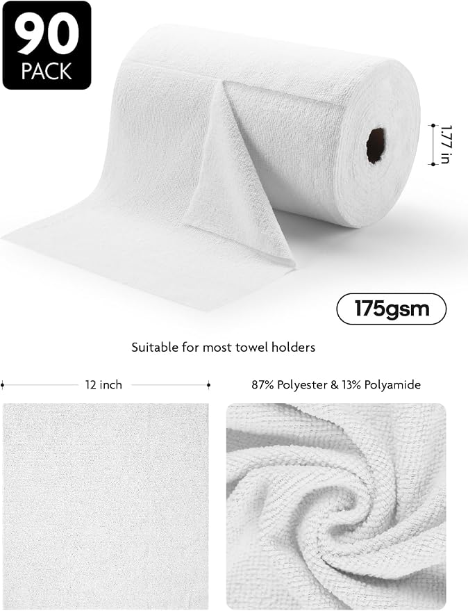 Microfiber Cleaning Cloth Roll -90 Pack, Tear Away Microfiber Towels, 12" x 12", Reusable, Washable, Scratch Free, Ultra Absorbent Dishcloth for All-Around Cleaning Supplies (White)
