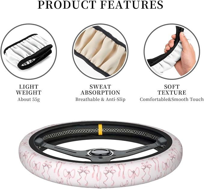 Pink Bow Steering Wheel Cover for Women, Steering Wheel Covers with Anti-Slip Lining, Universal 14.5-15 inchs Car Interior Accessories with 2PCS Car Coasters Suitable for Men and Women