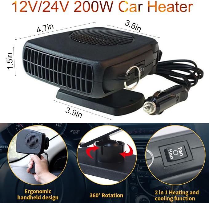 Car Heater,12V 200W Portable Car Heater that Plugs into Cigarette Lighter,Defroster for Car Windshield,2 in 1 Heating & Cooling Fans,with Hidden Handle Car Heaters for Vehicle