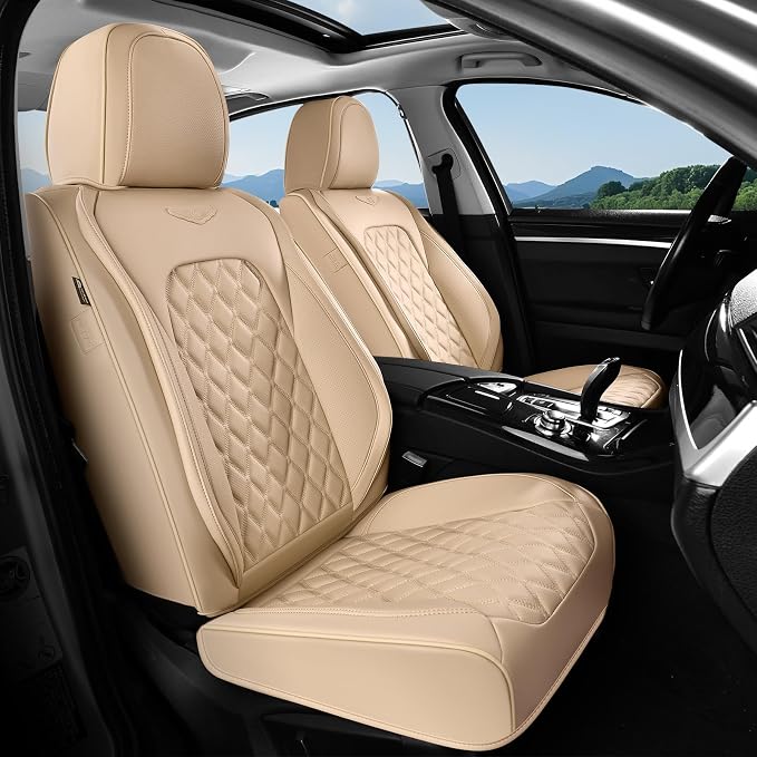 Coverado Rear Seat Covers, Soft Waterproof Faux Leather Rear Protectors for Sedan SUV Truck, Minimalist Comfortable Anti-Stain Interior – Beige