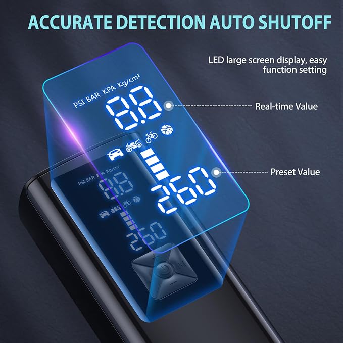 Tire Inflator Portable Air Compressor, Cordless Tire Pump with 150 PSI Digital Pressure Gauge & LED Light, 2X Fast Inflation Air Pump for Cars, Bikes, Motorcycles, Balls