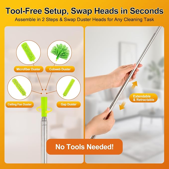 Duster with Extension Pole 100 inch Extendable Reusable Dusters for Cleaning 5-in-1 Anti-Spin Dusting Kits for High Ceiling Fans, Cobwebs & Vents, Reinforced Stainless Steel Telescopic Handle