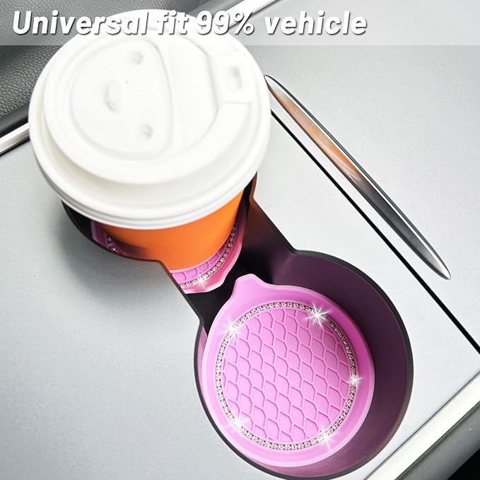 4PCS Bling Car Coasters, Non-Slip Insert Water Bottle Holder Pads, Bling Crystal Rhinestone Dustproof Automotive Interior Accessories, Universal for Vehicles, Trucks, RVs (4 pcs, Pink)