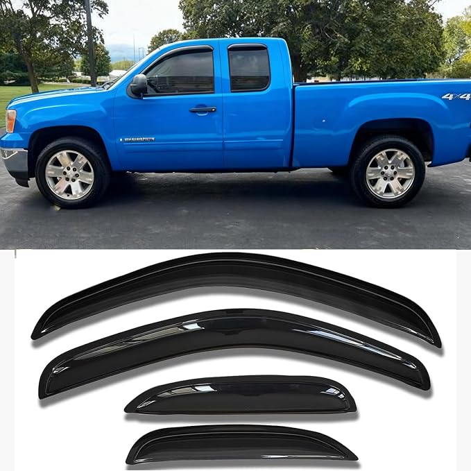 Window Visors Rain Guards for 07-13 Silverado Serria 1500 Extended Cab | Window Deflectors, Vent Visor, Sun Shades, Window Shields, Truck Accessories, Outside, Tape-on, Dark Smoke