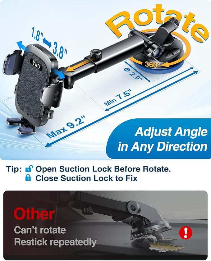 YRU True Military-Grade [360° Rotation Suction] 2026 Ultimate Car Phone Holder Mount 【90+LBS Safest Strongest & Patent Certs】 Dashboard Windshield Vent for iPhone 17 16 Pro Max Samsung, Matt Black